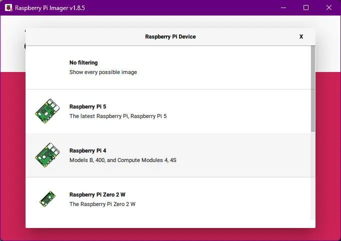 Raspberry Pi Imager Device Filter