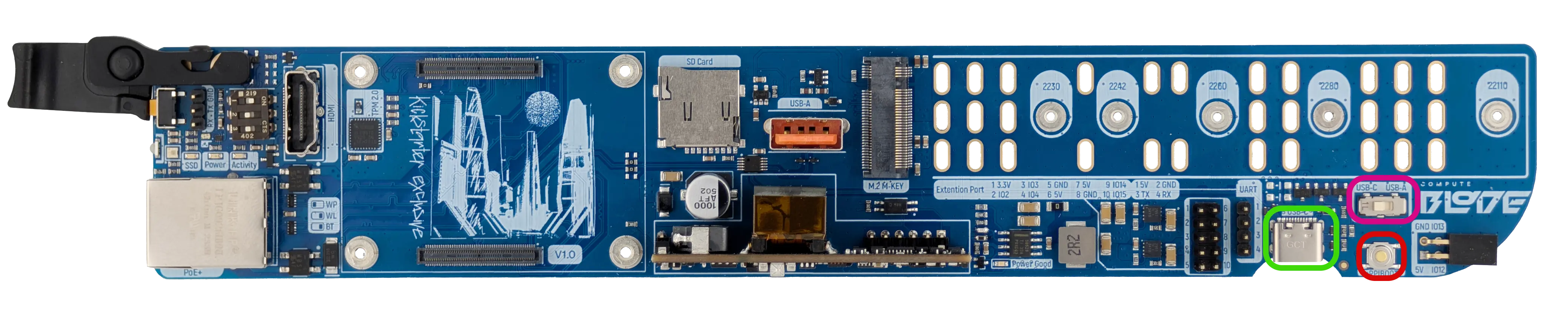 Compute Blade with USB Type-C and nRPIBOOT button highlighted