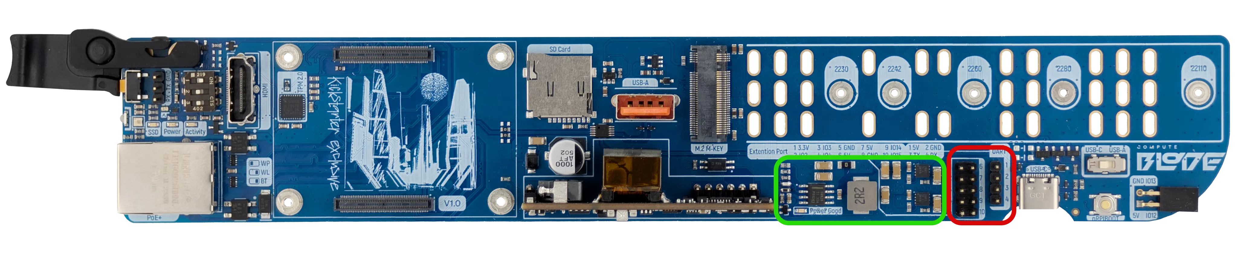 Blade-MK4-k with power and UART and Expansion pins highlighted